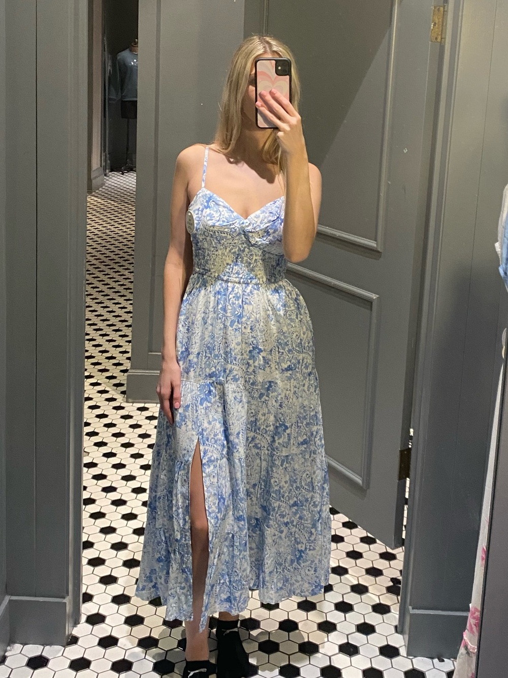 Hollister Blue & White Floral Smocked Midi Dress with Slit